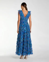 Blue Floral V-Neck Ruffle Maxi Dress
