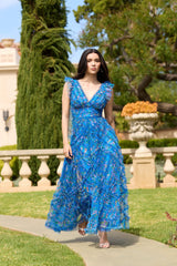 Blue Floral V-Neck Ruffle Maxi Dress