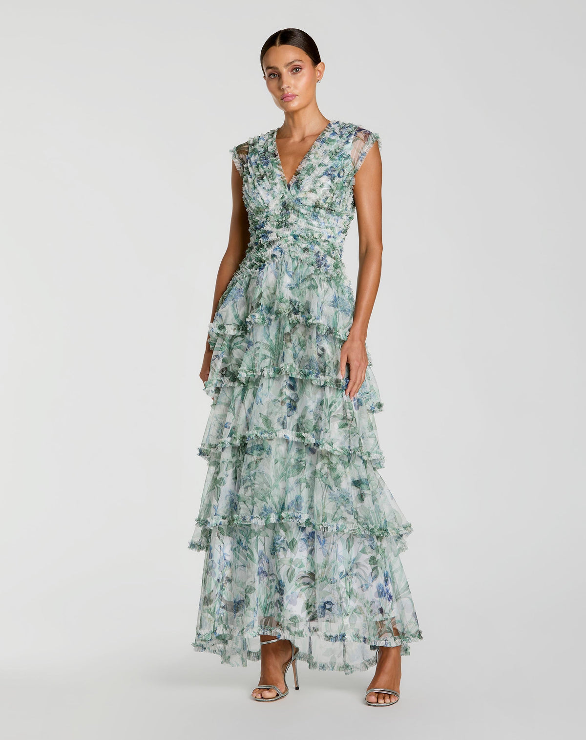 Blue Floral V Neck Tiered Ruffle Maxi Dress