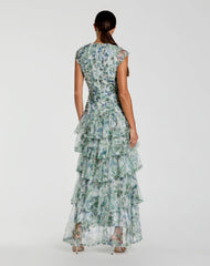 Blue Floral V Neck Tiered Ruffle Maxi Dress
