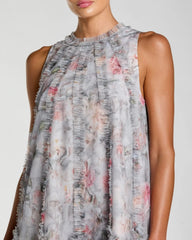 Gray Floral Ruffle High Neck Midi Dress