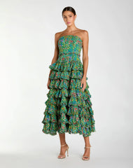 Green Strapless Floral Cotton Ruffle Midi Dress