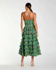 Green Strapless Floral Cotton Ruffle Midi Dress