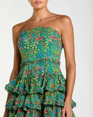Green Strapless Floral Cotton Ruffle Midi Dress