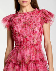Pink Floral High Neck Cap Sleeve Ruffle Mini Dress