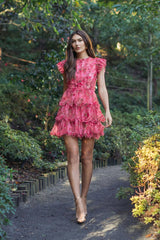 Pink Floral High Neck Cap Sleeve Ruffle Mini Dress