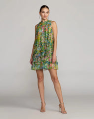 Green Printed Sleeveless High Neck Ruffle Mini Dress