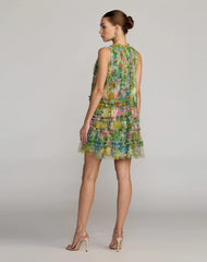 Green Printed Sleeveless High Neck Ruffle Mini Dress