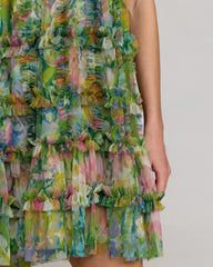 Green Printed Sleeveless High Neck Ruffle Mini Dress