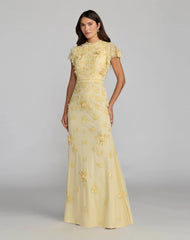 Yellow Floral Embellished High Neck Flutter Sleeve Gown
