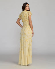 Yellow Floral Embellished High Neck Flutter Sleeve Gown