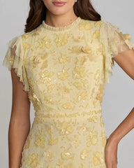 Yellow Floral Embellished High Neck Flutter Sleeve Gown