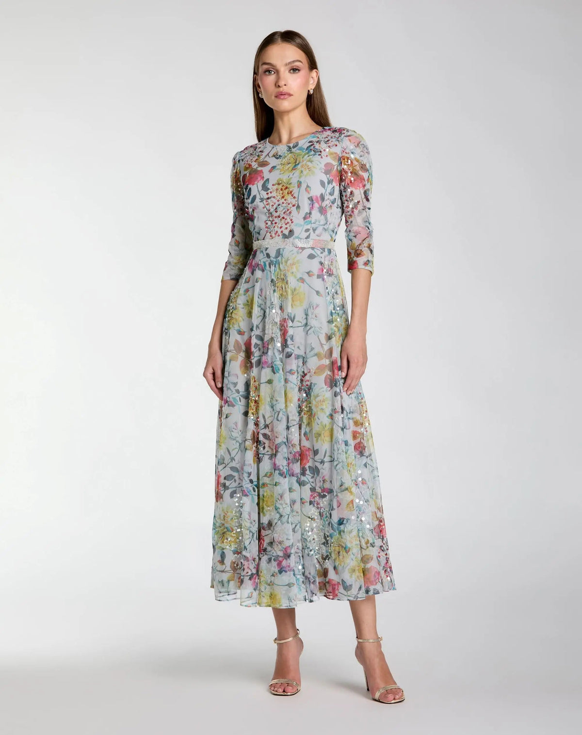 Blue Multicolor Floral Midi Dress With 3/4 Sleeves