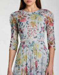 Blue Multicolor Floral Midi Dress With 3/4 Sleeves