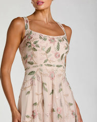 Pink Ruffle Midi Dress with Floral Embroidery