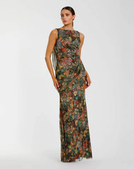 Multicolor Floral Embellished Sleeveless Column Gown