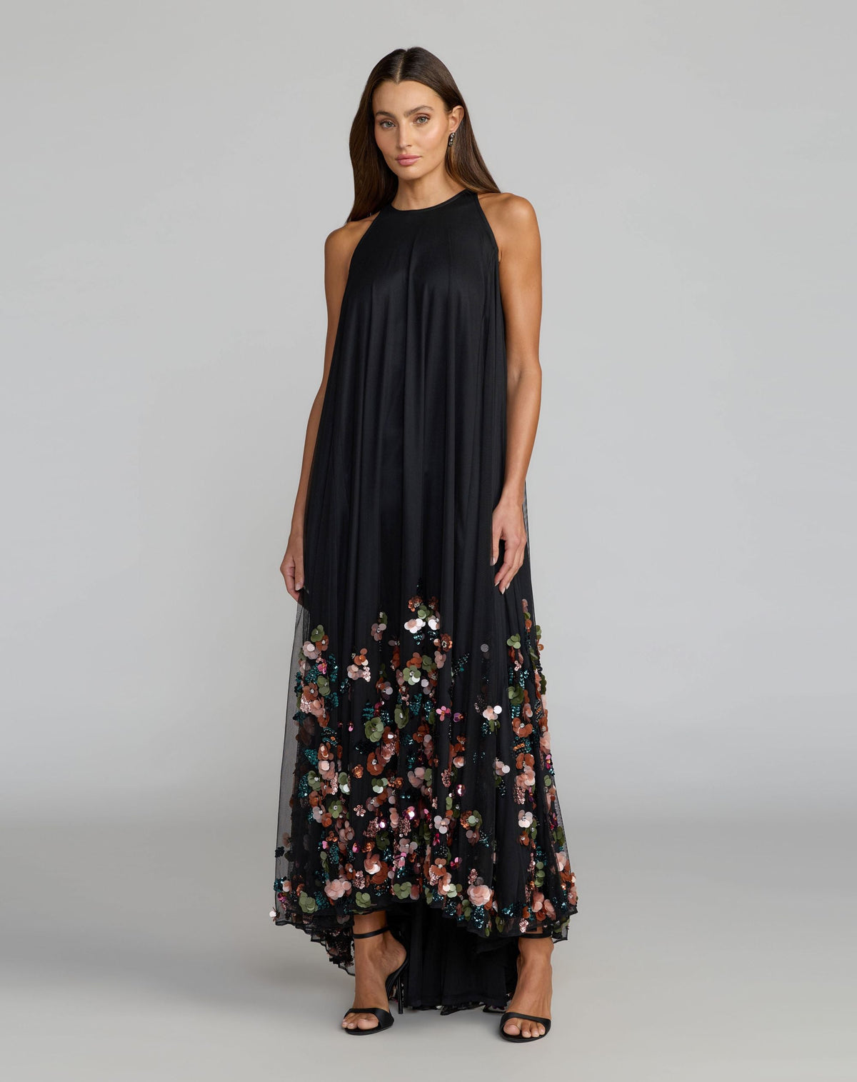 Black Sequin Embellished Sleeveless High Low Gown