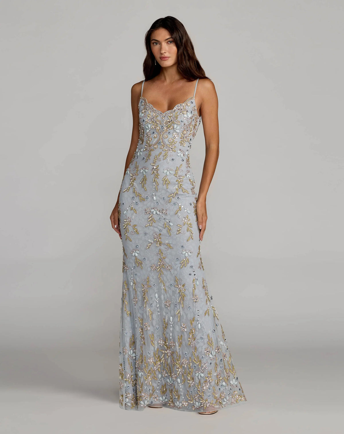 Blue Embellished Lace Sleeveless Gown