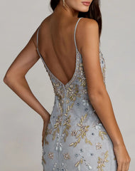 Blue Embellished Lace Sleeveless Gown