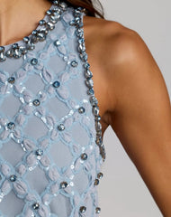 Blue Rhinestone Embellished Sleeveless Mini Dress