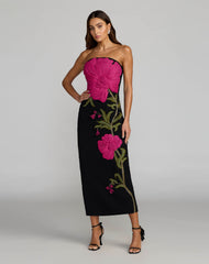 Black Strapless Floral Embroidered Midi Dress
