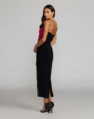 Black Strapless Floral Embroidered Midi Dress
