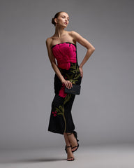 Black Strapless Floral Embroidered Midi Dress
