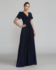 Petite Navy Pleated Metallic Flutter Sleeve A Line Gown