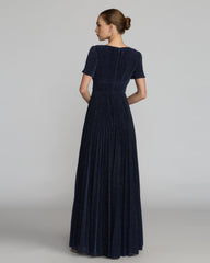 Petite Navy Pleated Metallic Flutter Sleeve A Line Gown