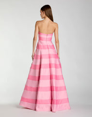 Petite Pink Striped Satin Strapless Ballgown With Pockets