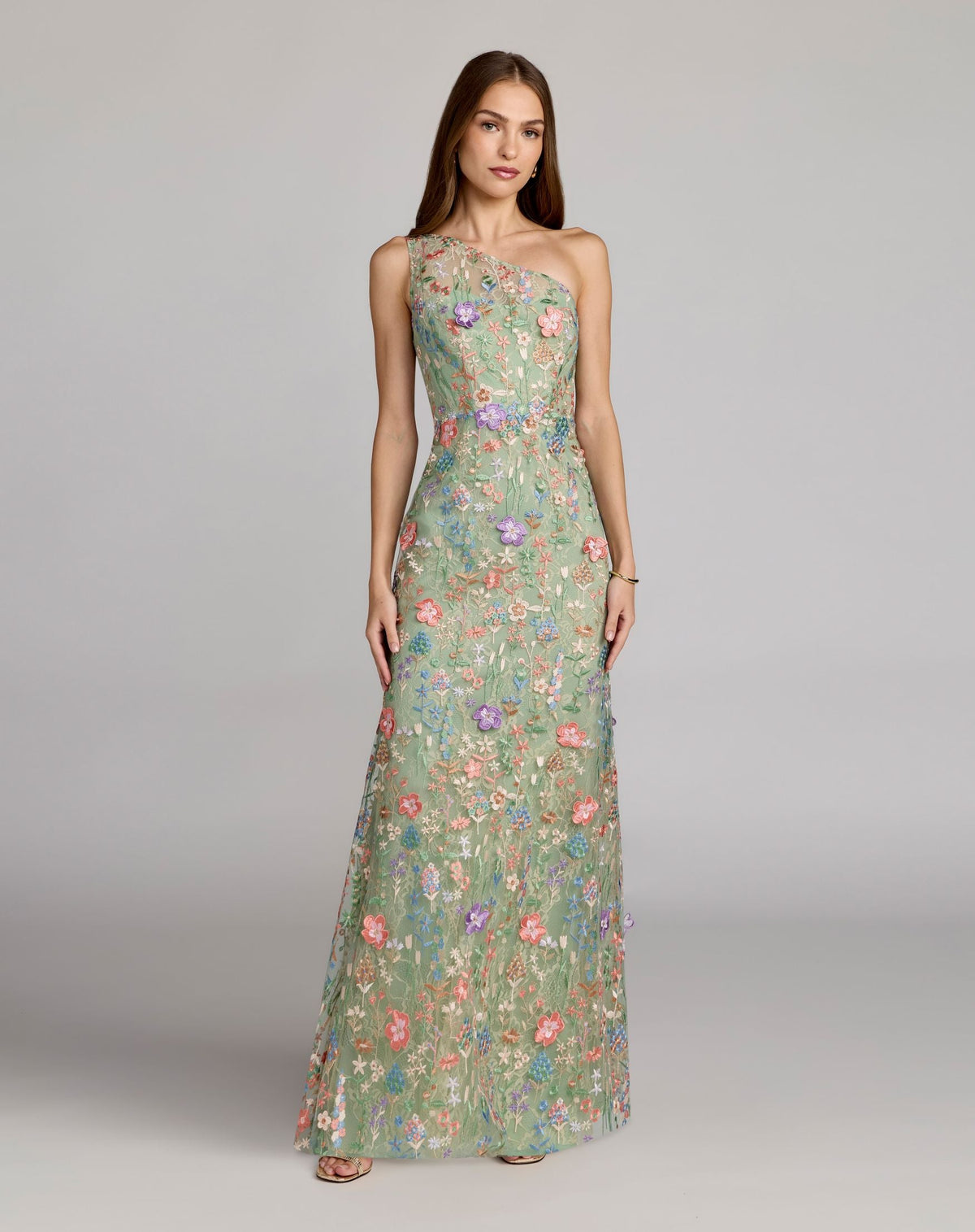 Petite Green One Shoulder Floral Embroidered Gown