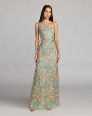Petite Green One Shoulder Floral Embroidered Gown