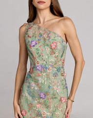 Petite Green One Shoulder Floral Embroidered Gown