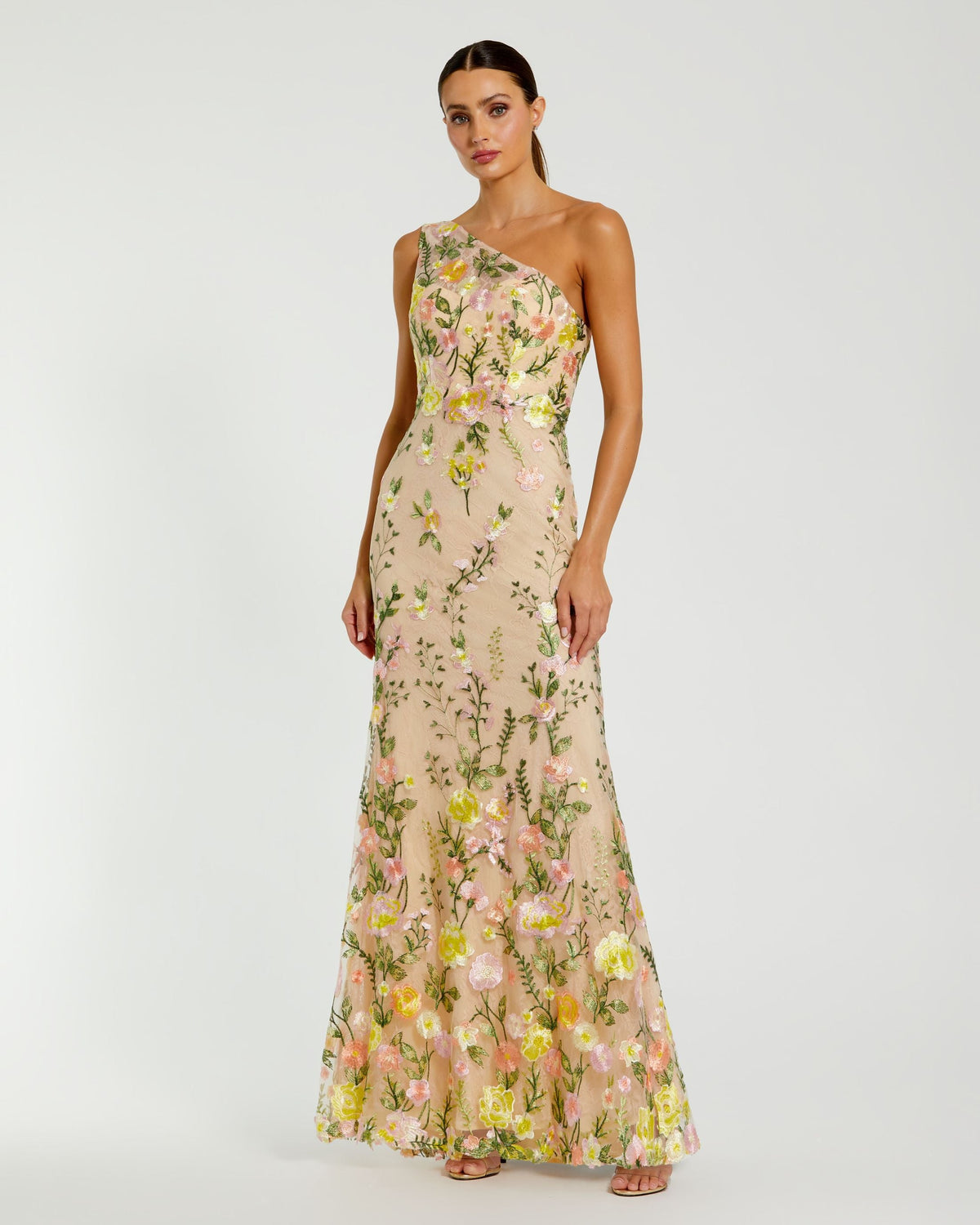 Petite Beige One Shoulder Lace Embroidered Gown