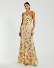 Petite Beige One Shoulder Lace Embroidered Gown