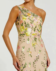 Petite Beige One Shoulder Lace Embroidered Gown