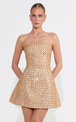 Camille Mini Dress Strapless Structured Beaded Sequin Dress in Gold