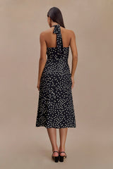Marguerite Satin Halter Midi Dress - Black Polka Dot Print