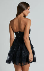 Marzy Mini Dress Strapless Floral Detail Lace Fit and Flare Dress in Black
