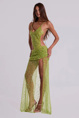 Stellar Asymmetric Hand Beaded Maxi Dress in Lime