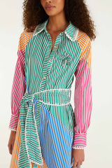 Multicolor Stripes Embroidered Belted  Midi Dress