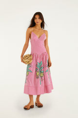 Pink Palm Tree Stripes Cutwork  Midi Dress